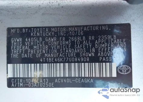 2007 Toyota Camry Xle z USA, uszkodzony, nr VIN 4T1BE46K77U084908
